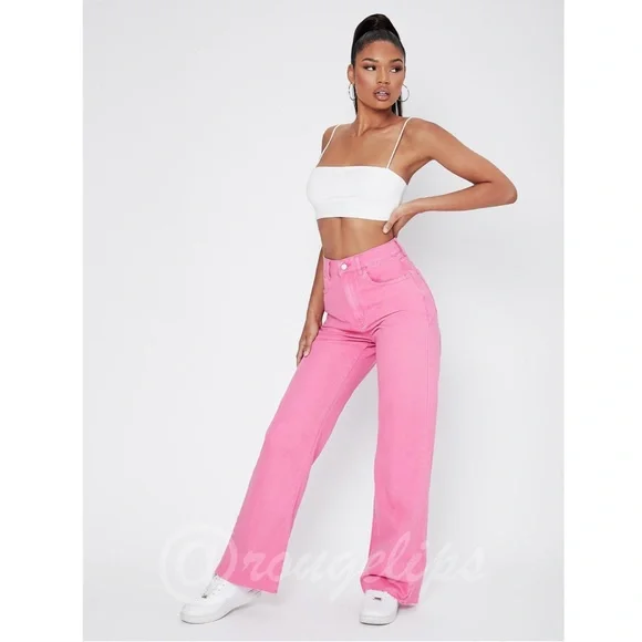 90s Style Pink Wide Leg Jeans High Waist Raw Hem - Picture 5 of 14